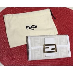 Authentic Fendi FF Logo Continental Wallet White Leather Canvas w/ Dust Bag Gold